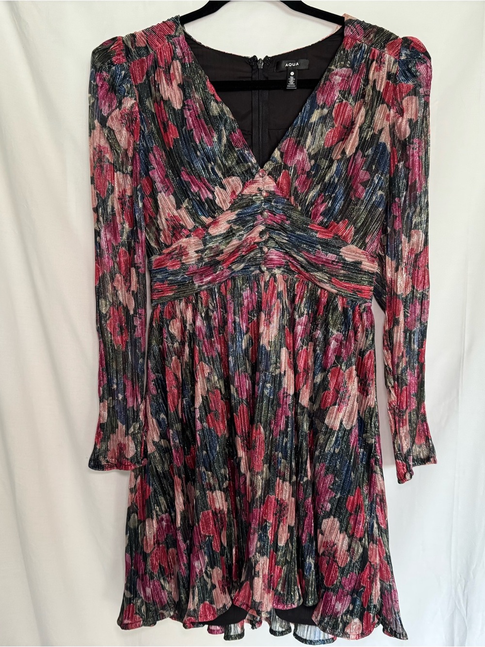 AQUA Metallic Pleated Floral Mini Dress Size Small Long Sleeve Shimmer Holiday